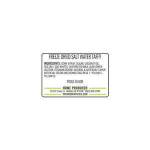 Freeze dried candy dill pickle taffy back label
