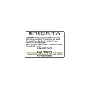 Freeze dried candy Huckleberry taffy back label